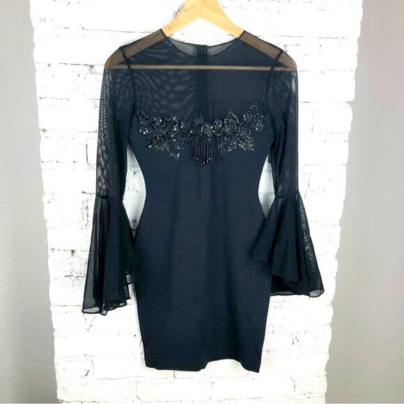 Vintage Sheer Bell Sleeve Body-con Lace Sequin Party Dress - Picture 1 of 6